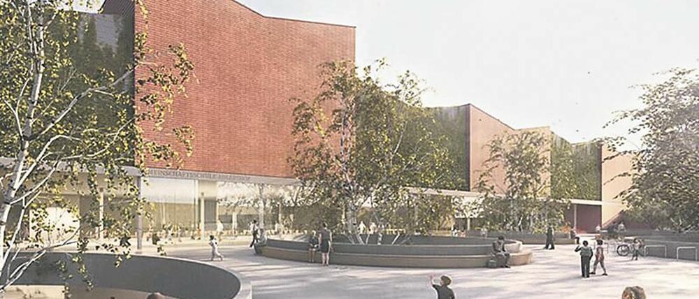 Für den Neubau soll eine Senke überbrückt werden. Der Vorplatz führt hinein in die große Aula.