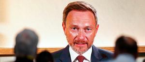 Finanzminister Lindner virtuell zugeschaltet auf dem FDP-Parteitag. 