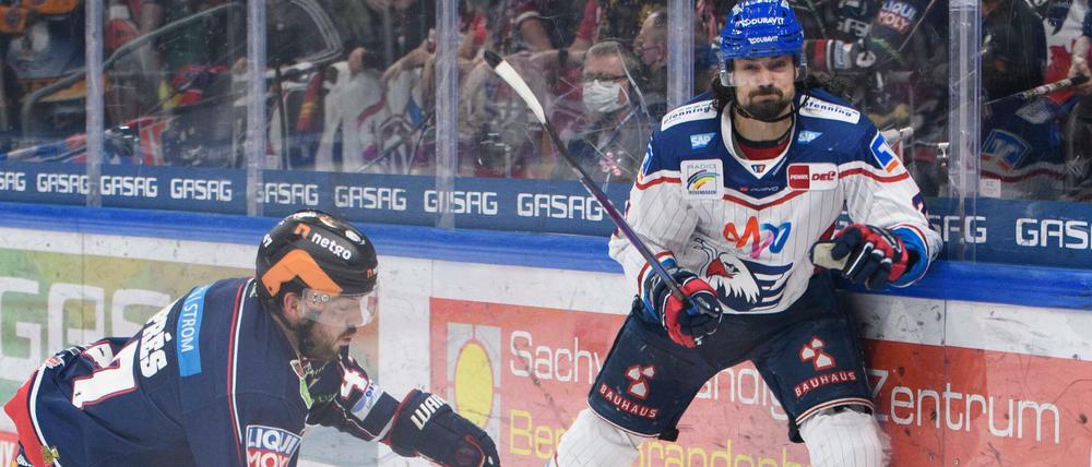 Schnellster Teamsport der Welt - auch bei den Ansetzungen. Simon Despres von den Eisbären (links) und der Mannheimer Sinan Akdag.