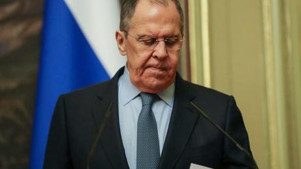 Russlands Außenminister Sergej Lawrow während seines Treffens mit dem UN-Generalsekretär in Moskau.