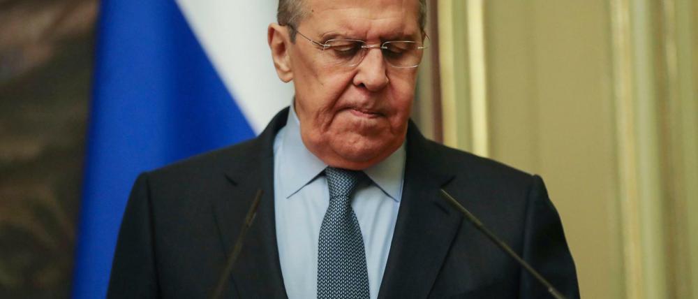 Russlands Außenminister Sergej Lawrow während seines Treffens mit dem UN-Generalsekretär in Moskau.