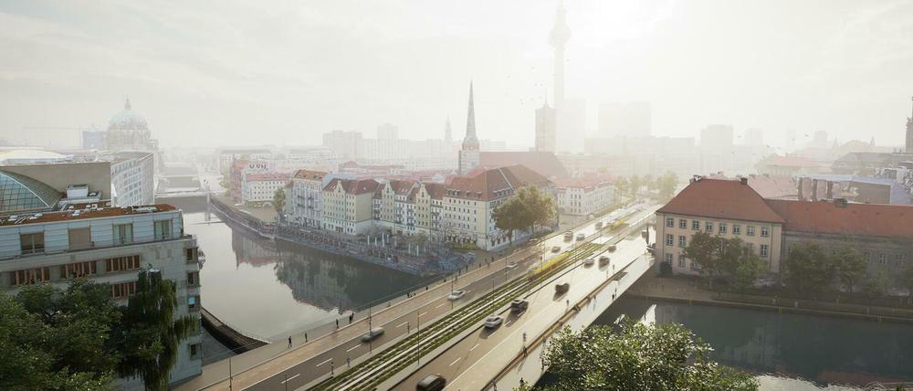 Auch nach dem Gewinnerentwurf für die neue Mühlendammbrücke wird der Neubau das Zentrum wie eine Schneise trennen.