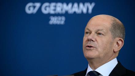Bundeskanzler Olaf Scholz bei einer Pressekonferenz im Bundeskanzleramt. 
