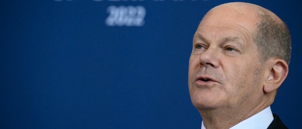 Bundeskanzler Olaf Scholz bei einer Pressekonferenz im Bundeskanzleramt. 