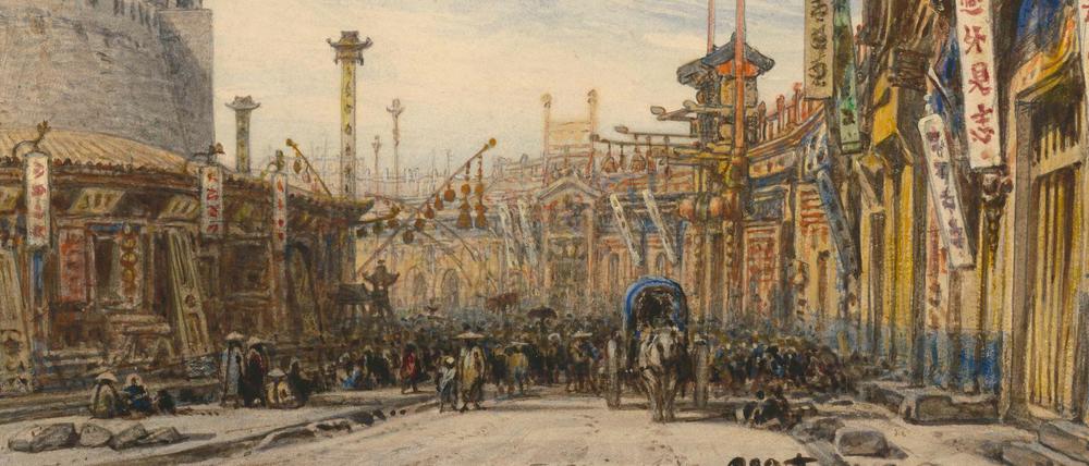 In China war Heinrich Schliemann vor allem der Schmutz auf den Straßen und der Verfall der Monumente aufgefallen. Hier eine Straßenszene aus Peking.