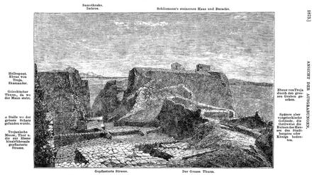 Troja 1873. Ansicht der Grabungsarbeiten in Troja nach Heinrich Schliemanns eigenem Bericht von 1881. An der Höhe der Wände kann man ermessen, wie tief Schliemann in den Hügel vorgedrungen ist.
