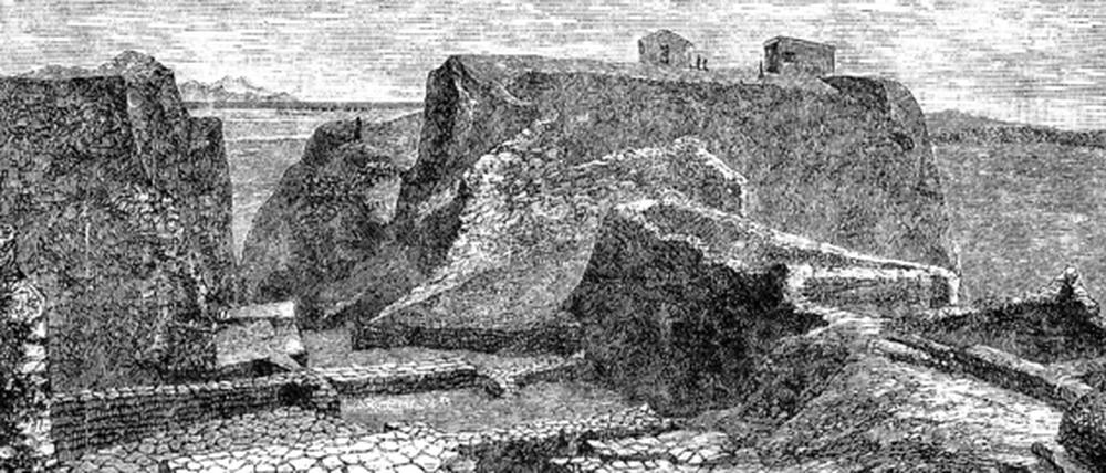 Troja 1873. Ansicht der Grabungsarbeiten in Troja nach Heinrich Schliemanns eigenem Bericht von 1881. An der Höhe der Wände kann man ermessen, wie tief Schliemann in den Hügel vorgedrungen ist.