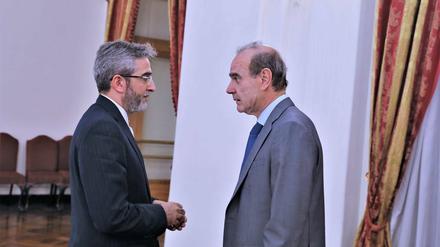 Gesprächsbedarf. Irans Atom-Unterhändler Ali Bagheri Kani trifft EU-Vertreter Enrique Mora am 11. Mai 2022 in Teheran.
