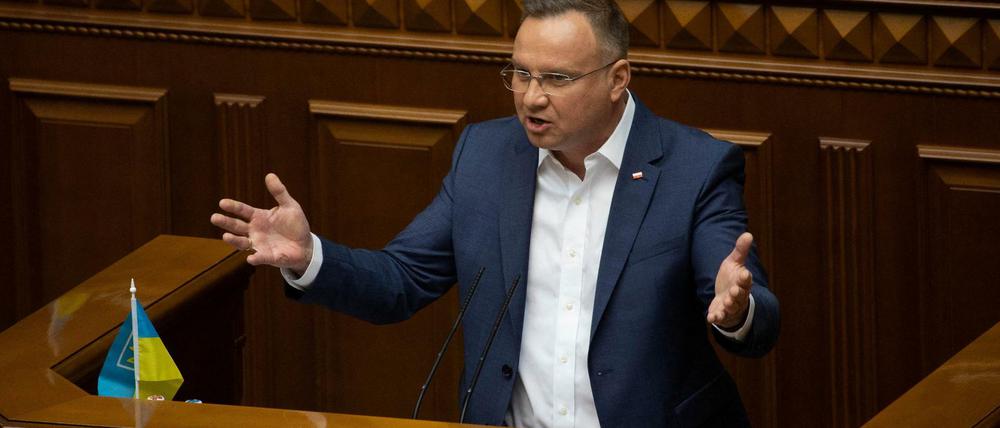 Polens Präsident Andrzej Duda bei seiner Rede im ukrainischen Parlament.