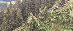 Schüler und eine Lehrergruppe beim Wandern im österreichischen Kleinwalsertal.