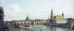 Bernardo Bellotto malte Dresden 1748 vom rechten Elbufer unterhalb der Augustusbrücke. 