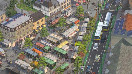 Gemaltes Bild der Bürgerinitiative Kranoldplatz mit Marktständen statt parkenden Autos.