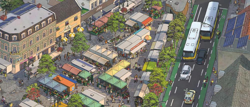 Gemaltes Bild der Bürgerinitiative Kranoldplatz mit Marktständen statt parkenden Autos.