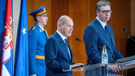 Bundeskanzler Olaf Scholz und Aleksander Vucic, Präsident von Serbien, geben eine Pressekonferenz nach ihrem Gespräch. 