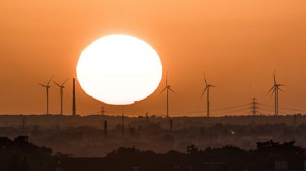 Die Sonne geht auf hinter Windraedern in Berlin.