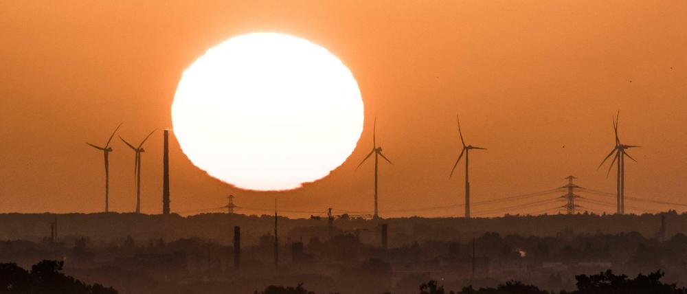 Die Sonne geht auf hinter Windraedern in Berlin.