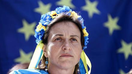 Ziel erreicht. Eine Pro-Ukraine-Demonstrantin im Brüsseler Europaviertel. 