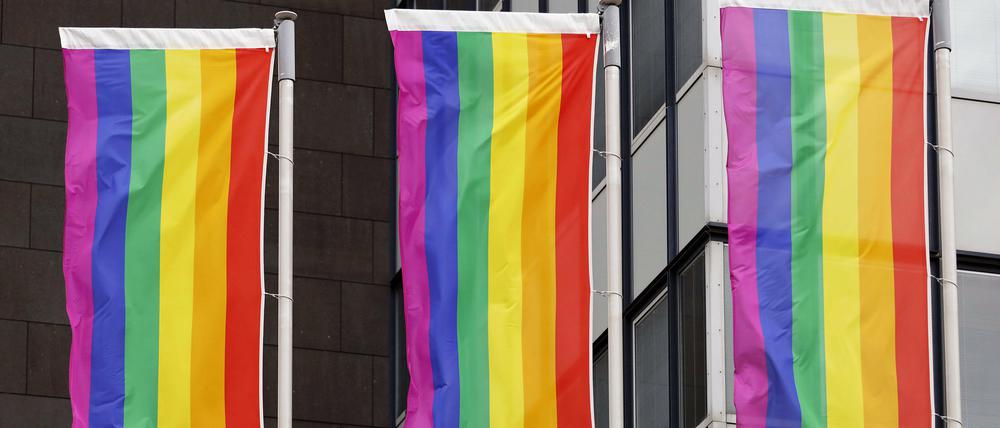 Regenbogenflaggen hängen vor einem Gebäude (Symbolbild).