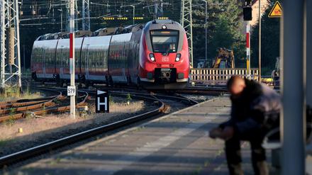 Auf einem Hauptbahnhof fährt eine S-Bahn der Deutschen Bahn ein.
