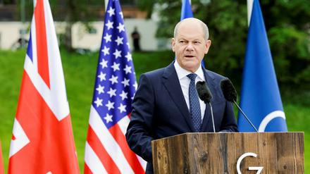 Olaf Scholz am 28. Juni auf der Pressekonferenz zum Abschluss des G7-Gipfels.