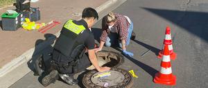 Polizisten untersuchen in Oldenburg den Gully, aus dem Joe geborgen wurde.