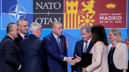 Der türkische Präsident Recep Tayyip Erdogan reicht der schwedischen Außenministerin Ann Linde die Hand.