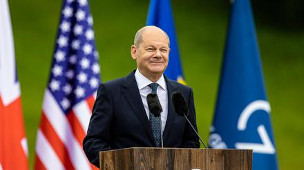 Bundeskanzler Olaf Scholz (SPD) bei der Pressekonferenz nach dem G7-Gipfel 