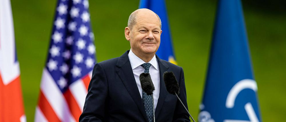 Bundeskanzler Olaf Scholz (SPD) bei der Pressekonferenz nach dem G7-Gipfel 