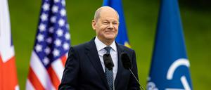 Bundeskanzler Olaf Scholz (SPD) bei der Pressekonferenz nach dem G7-Gipfel 