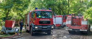 Da das Waldbrandgebiet munitionsbelastet ist, kann die Feuerwehr das Gelände nicht betreten, sondern nur von den Rändern aus löschen.