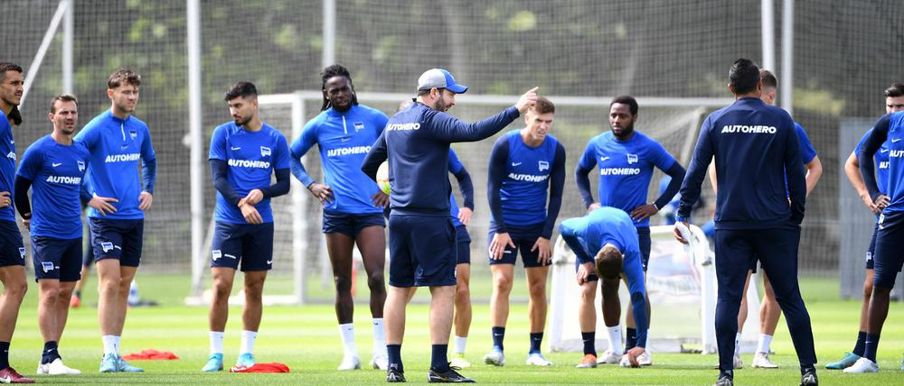 Trainer Sandro Schwarz (vorn mittig) und Hertha BSC reisen ins Trainingslager. 