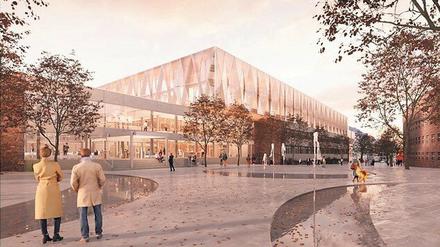 So soll das Digitale Medienhaus am Berliner RBB-Standort einmal aussehen. Rechts ist ein Teil des Haus des Rundfunks zu sehen, links neben dem Eingang befindet sich das Fernsehzentrum. 