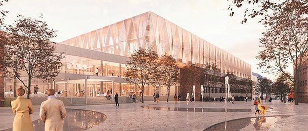 So soll das Digitale Medienhaus am Berliner RBB-Standort einmal aussehen. Rechts ist ein Teil des Haus des Rundfunks zu sehen, links neben dem Eingang befindet sich das Fernsehzentrum.