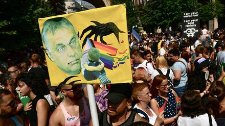 Menschen halten bei einer Gay Pride Parade in Budapest ein Plakat mit dem Gesicht des ungarischen Ministerpräsidenten Orban.