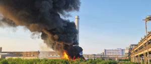 Eine schwarze Rauchwolke steigt über einem Chemiebetrieb auf. 