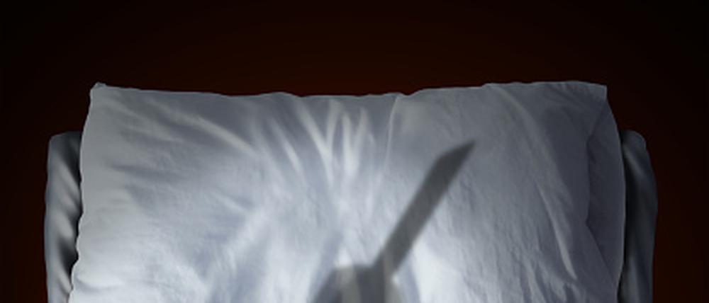 Fear of needles and having a needle phobia for syringe injection and anxiety for a hospital visit or immunization treatment as a shadow over a bed as a medical care nightmare with 3D illustration elements.