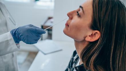 Shot of a doctor using cotton swab while doing coronavirus PCR test at the hospital. Doctor laboratory assistant takes swab from nose of sick patient. Unrecognizable doctor with protective glove taking coronavirus sample from female patient's nose.