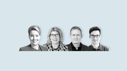 Franziska Giffey im Gespräch mit Tagesspiegel-Geschäftsführerin Ulrike Teschke, Herausgeber Stephan-Andreas Casdorff und Chefredakteur Christian Tretbar.