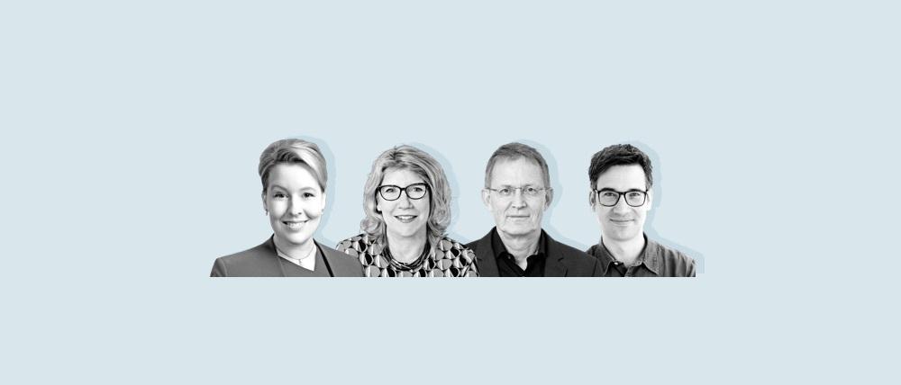 Franziska Giffey im Gespräch mit Tagesspiegel-Geschäftsführerin Ulrike Teschke, Herausgeber Stephan-Andreas Casdorff und Chefredakteur Christian Tretbar.