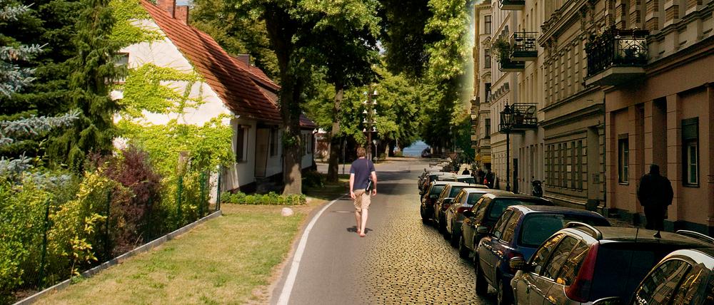 Montage einer Dorfstraße in Goyatz, Brandenburg, und einer Straße in Berlin-Kreuzberg.