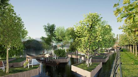 So sollen die in der Spree schwimmenden Bauminseln aussehen.
