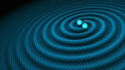 Wenn zwei Neutronensterne kollidieren, dann entstehen dabei, so die Computersimulation, spiralförmige Gravitationswellen. 