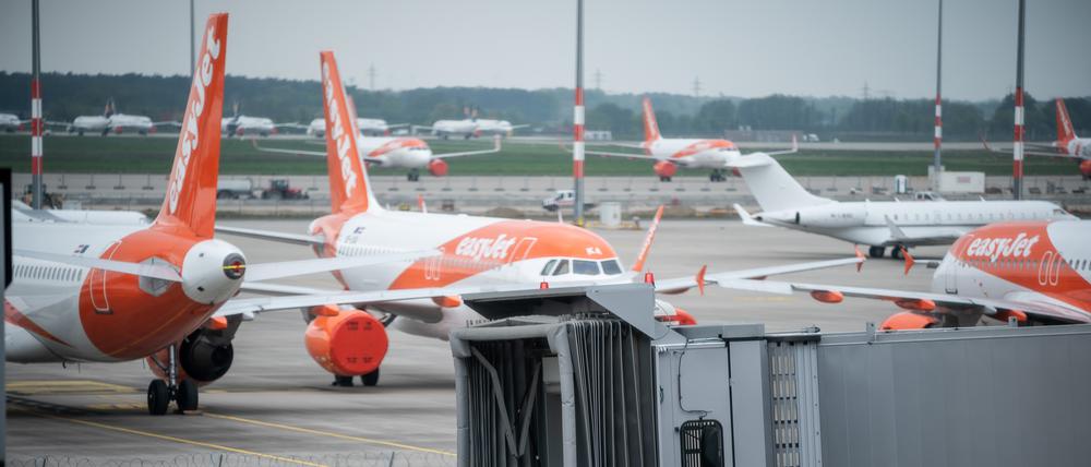 Flugzeuge von Easy Jet sind auf dem Vorfeld neuen Flughafens Berlin-Brandenburg Willy-Brandt geparkt. Bei Sitzungen des Aufsichtsrats und der Gesellschafterversammlung der Flughafen Berlin Brandenburg GmbH soll unter anderem über eine vorübergehende Schließung des Flughafens Tegel beraten werden. +++ dpa-Bildfunk +++