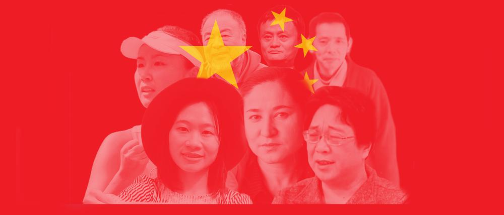 Vermisst, verschleppt, verschwunden: Sophia Huang Xueqin, Peng Shuai, Ai Weiwei, Jack Ma, Fang Bin, Gui Minhai, Rahile Dawut (von links unten, im Uhrzeigersinn).
