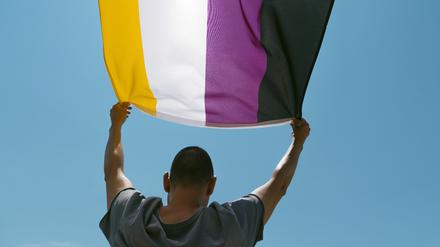 Flagge für nicht-binäre Personen. Die „Non-binary“ Flagge wurde von Kye Rowan geschaffen. Gelb repräsentiert jenseits der Binarität, Weiß steht für viele/alle Geschlechter, Violett präsentiert einen Mix aus weiblich und männlich, und Schwarz steht für eine Abwesenheit von Gender. 