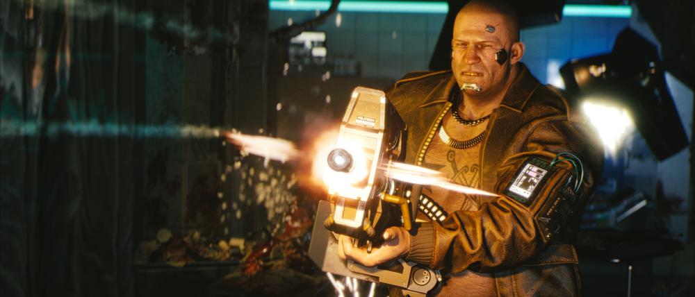 Dauerfeuer. Bei „Cyberpunk 2077“ steuert der Spieler einen Söldner namens V. durch die Zukunftsmetropole Night City.