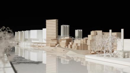 Das Modell zeigt das geplante Holzhochhaus vom Verbund Holzmarkt 25. Ursprünglich waren drei Gebäude geplant. 