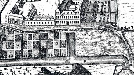 Abseits. Die Einrichtung wurde anfangs bewusst „auf die grüne Wiese“ gesetzt, wie diese Abbildung von 1730 zeigt.