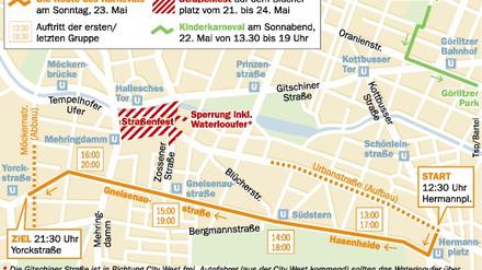 Umzugsroute, Straßenfeste und Kinderkarneval in Kreuzberg.