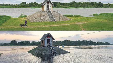 Stille Idylle. Das Pegelhaus im brandenburgischen Ratzdorf vor einer Woche (oben) und gestern. 